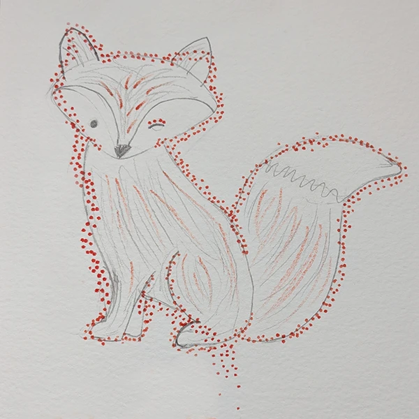Graphite on card drawing of a fox, with red ink dots surrounding it