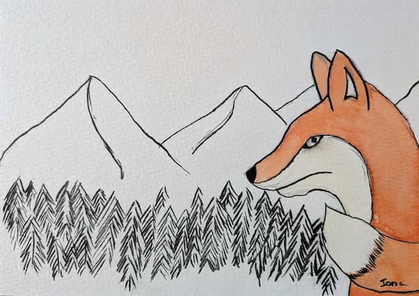 Watercolour & ink on paper of fox in a mountain landscape