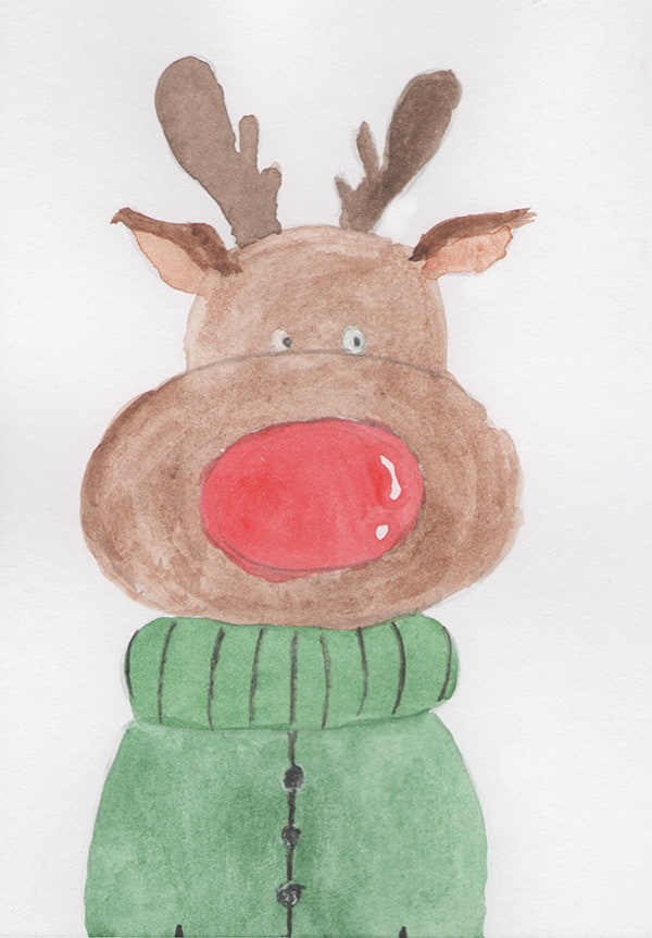Graphite and watercolour on paper painting of a reindeer in cosy jumper